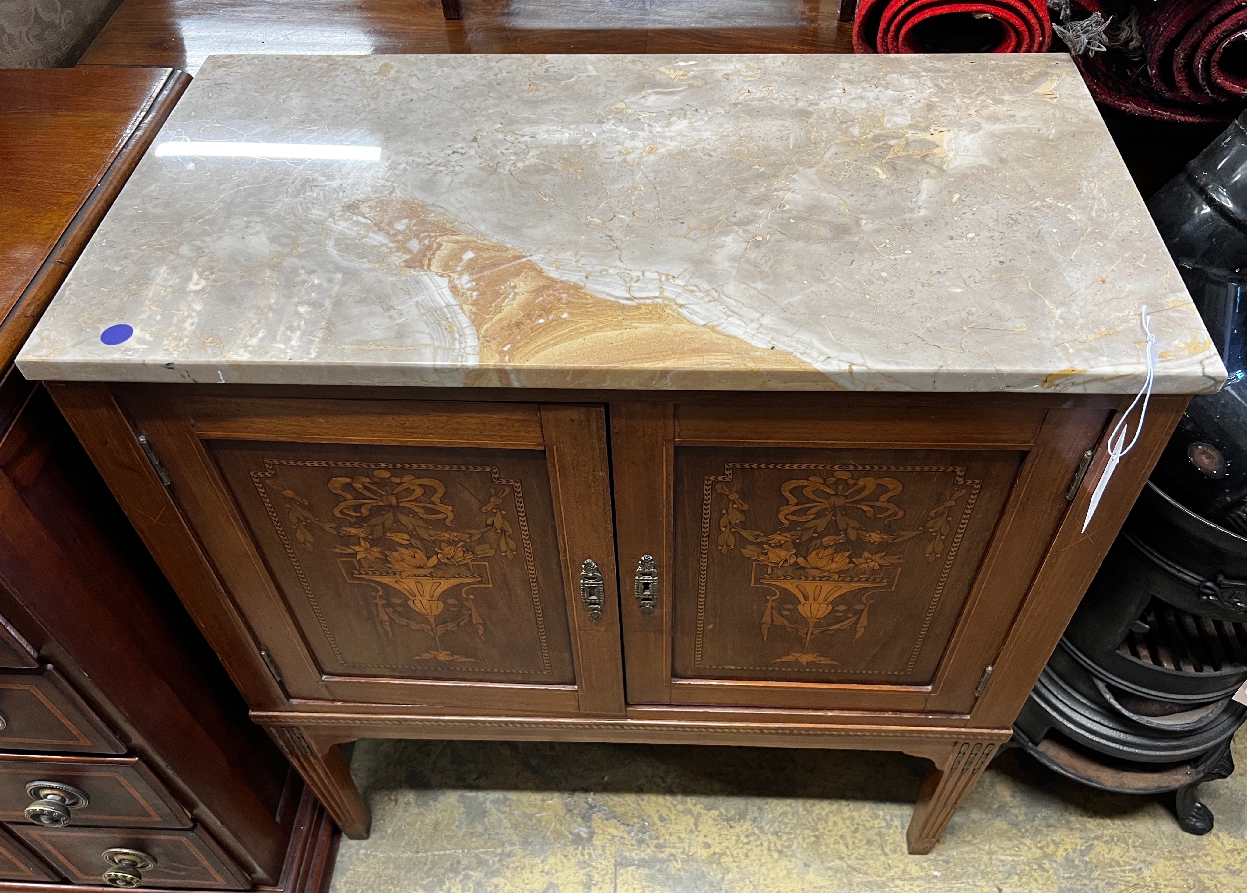 An Edwardian marquetry inlaid marble top washstand, width 72cm, depth 38cm, height 82cm together with a reproduction mahogany elbow chair